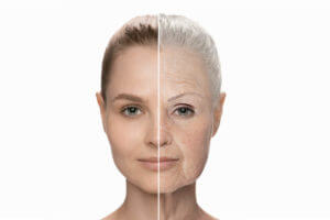 An image of a beautiful woman with young, smooth skin and wrinkled skin of various ages illustrates the concept of anti-aging and human life extension.